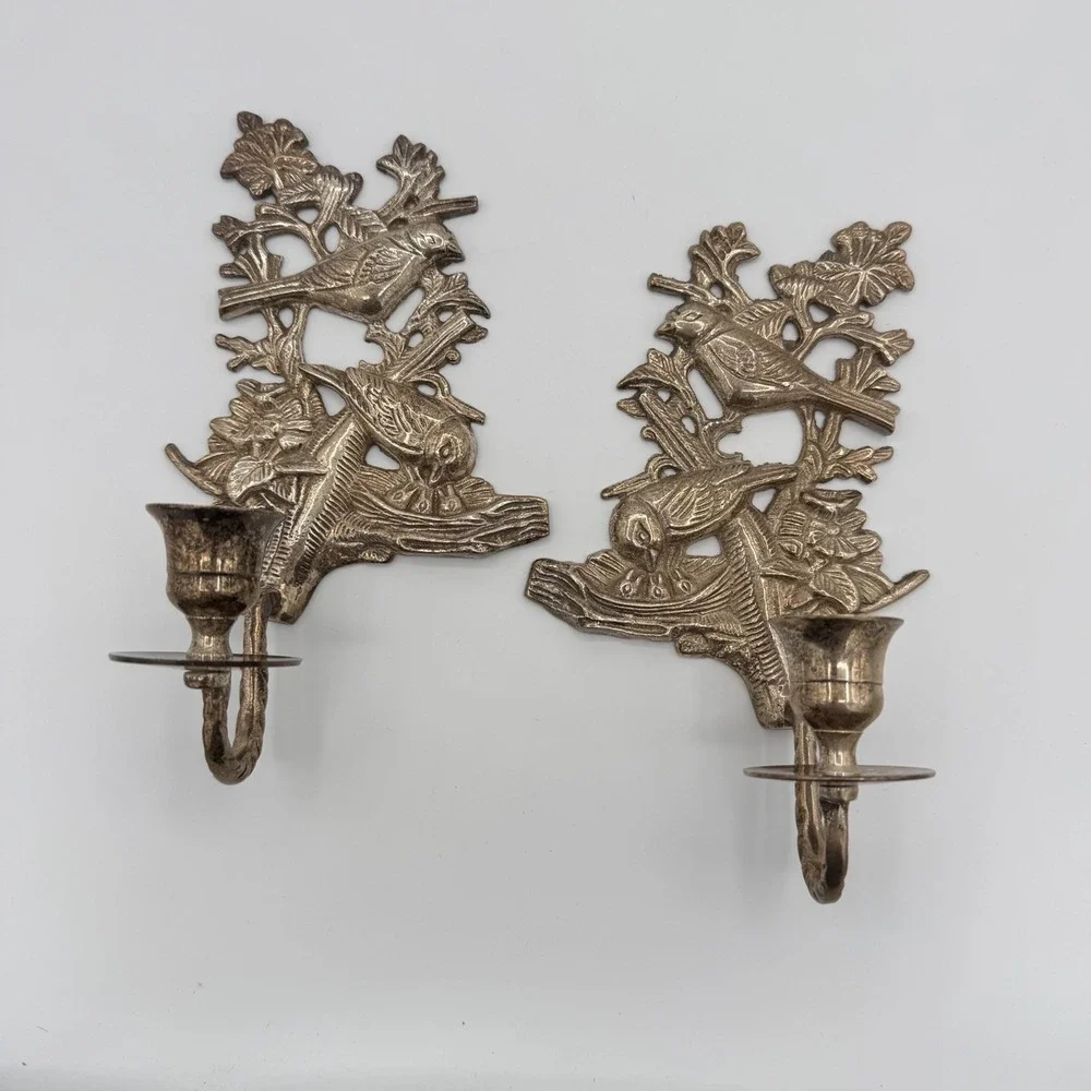 Vintage Silver-Tone Bird & Nest Wall Candle Sconces — Pair, Made in India